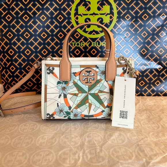 Tory Burch Ella Printed Nylon Mini Tote Bag Crossbody French Cream Floral - Picture 1 of 10